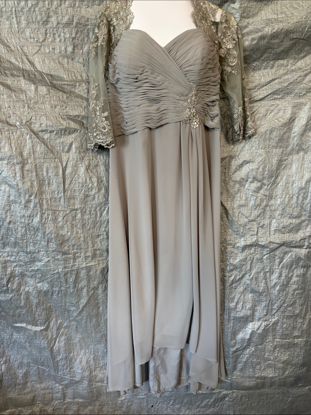 Azazie Strapless Chiffon Maxi Dress in Light Gray with Lace Bolero